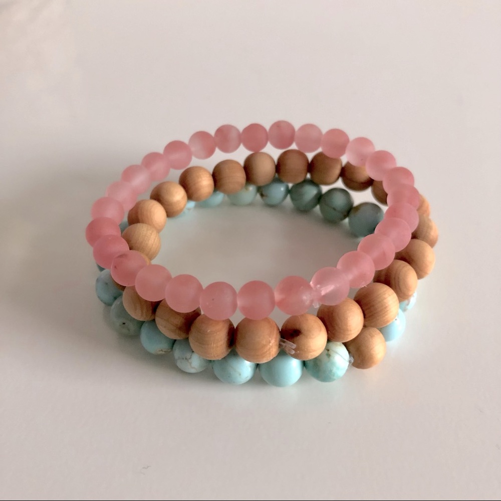 Turquoise, Quartz and Cedar Bead Bracelet Set